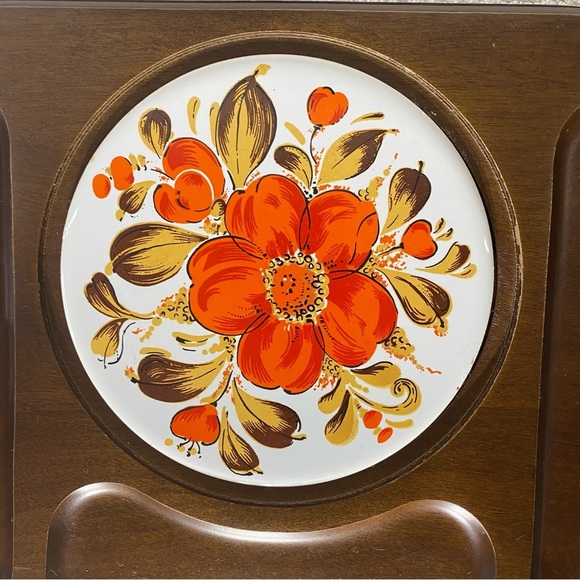 Vintage MCM Autumn Flower Tile Wooden Cheese Board Charcuterie Board W Knife - Picture 6 of 14